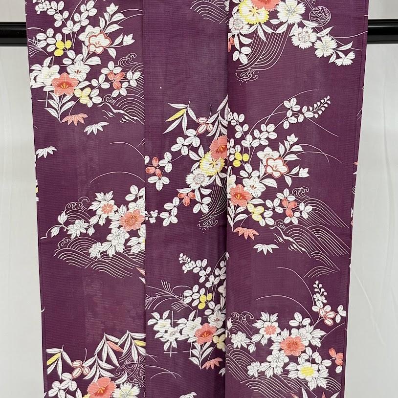 熱販売 夏物 アンティーク ゆりのはな 着物 正絹 紫色系 大正ロマン 絽 着物・浴衣