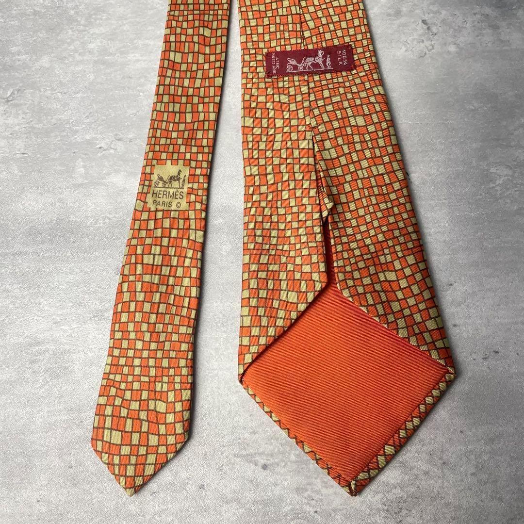 美品 HERMES エルメス 格子柄 ギンガムチェック 歪み ネクタイ
