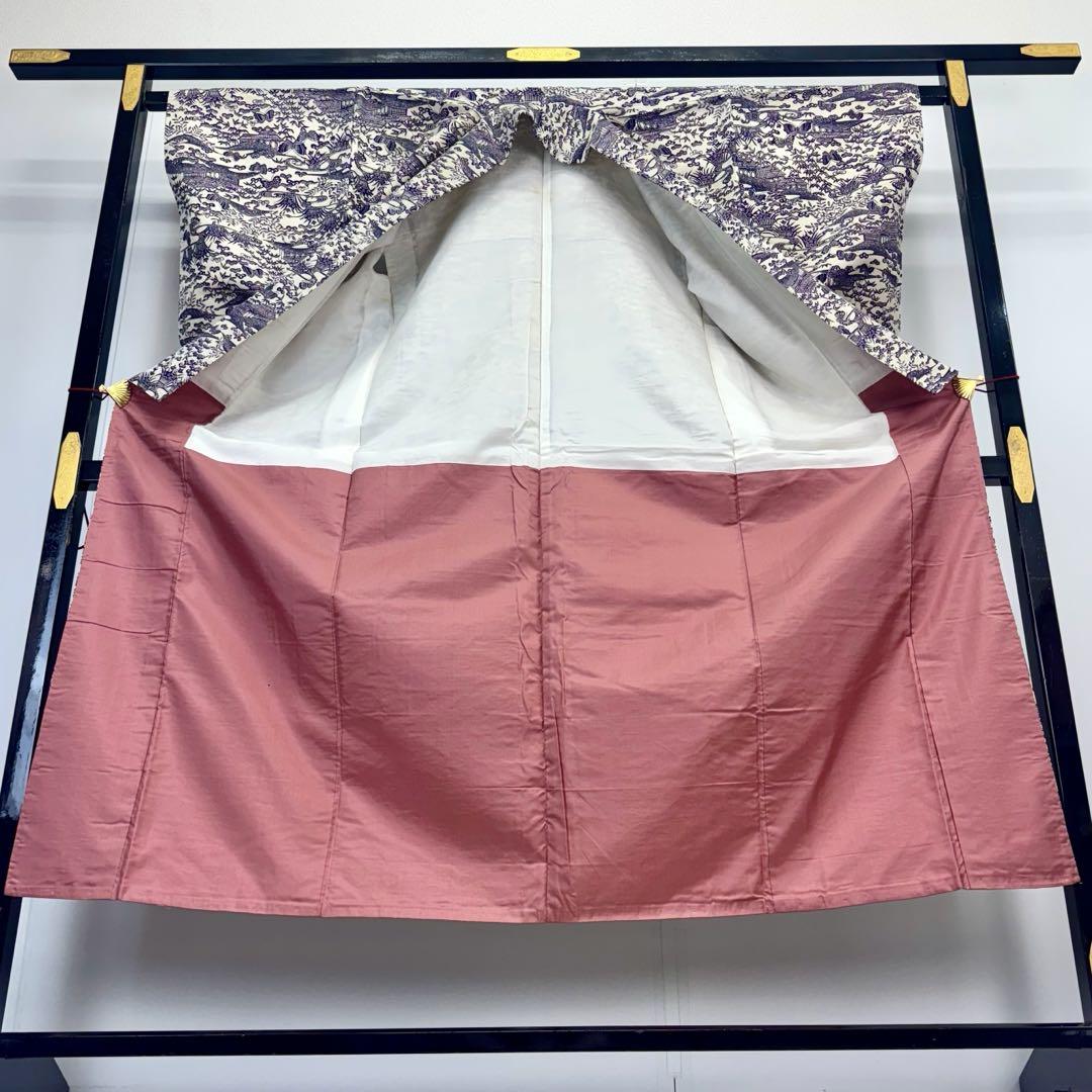 小紋 型染め 流水 花模様 蝶々 家屋 杜若 松 竹 生成地に紫 NK-1166