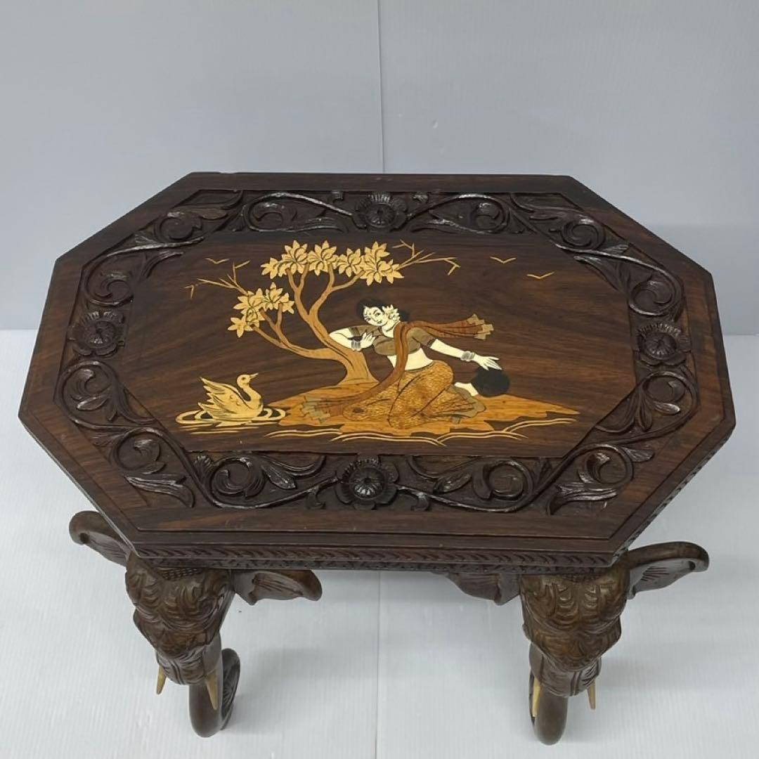 木製　象嵌細工　サイドテーブル　ミニテーブル　　花台　八角形　象脚　オリエンタル