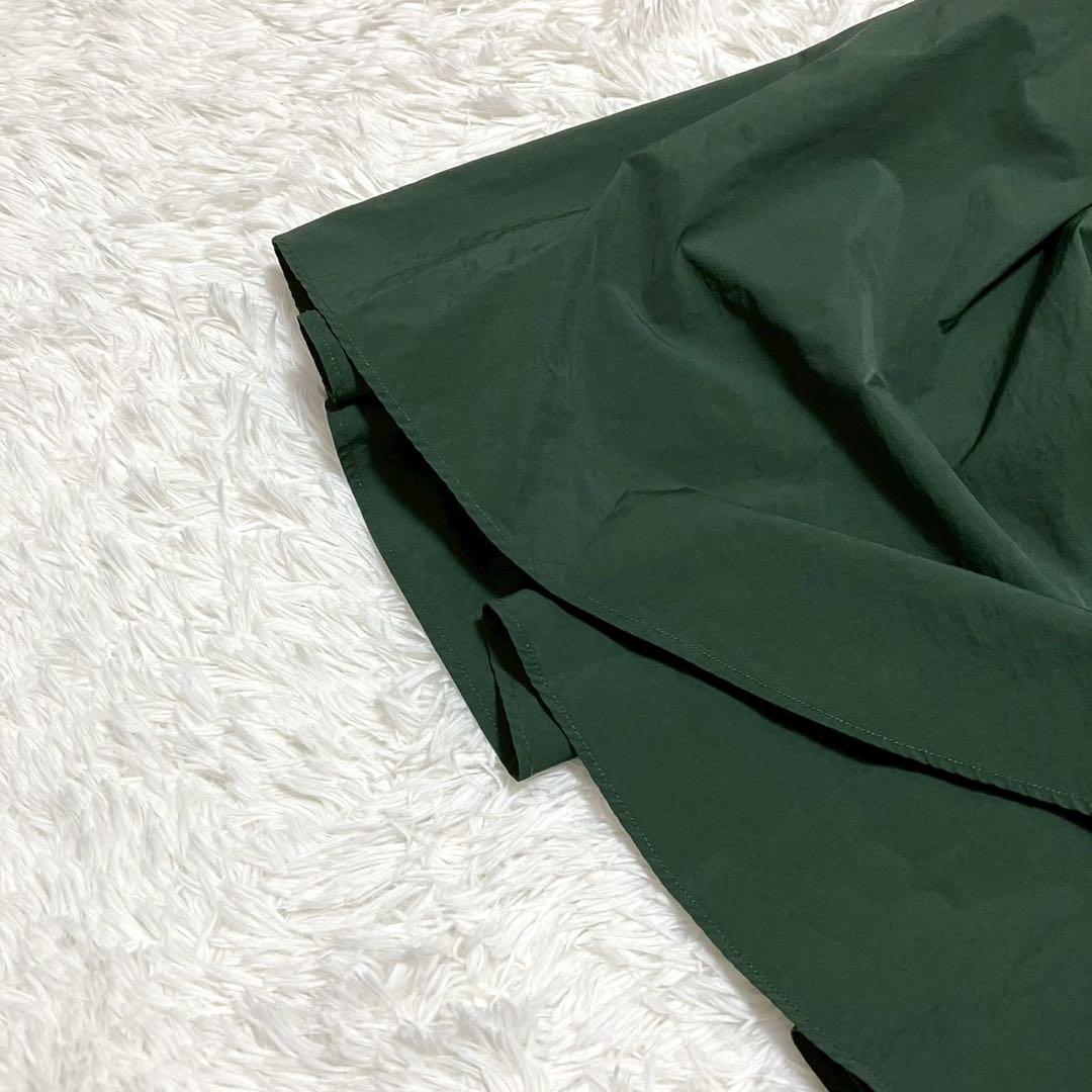【UN3.】バックギャザー　長袖　フレアロングシャツワンピース　グリーン　36