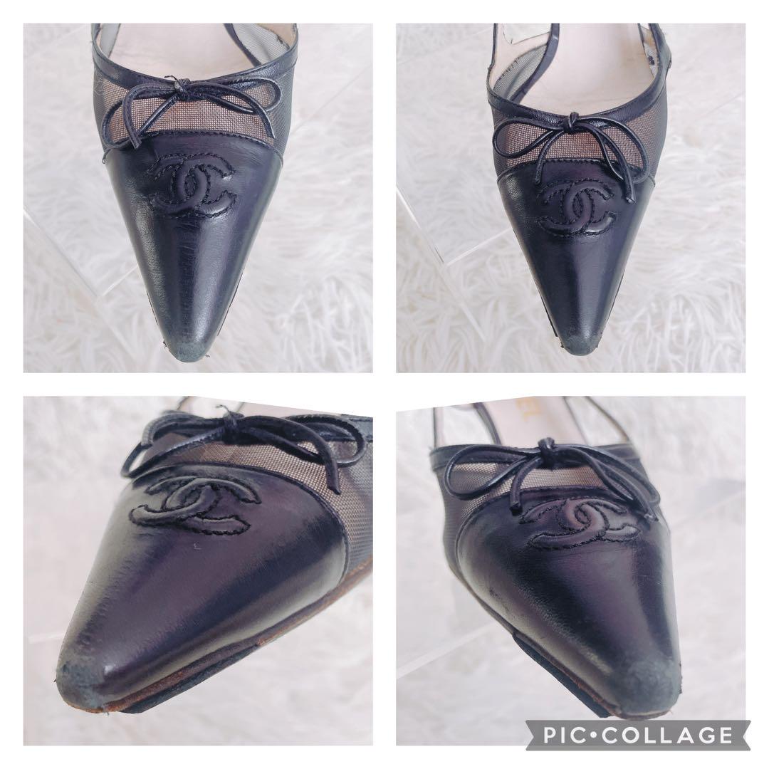 難あり　CHANEL ココマーク　サンダル　黒　本革　メッシュ　35.5