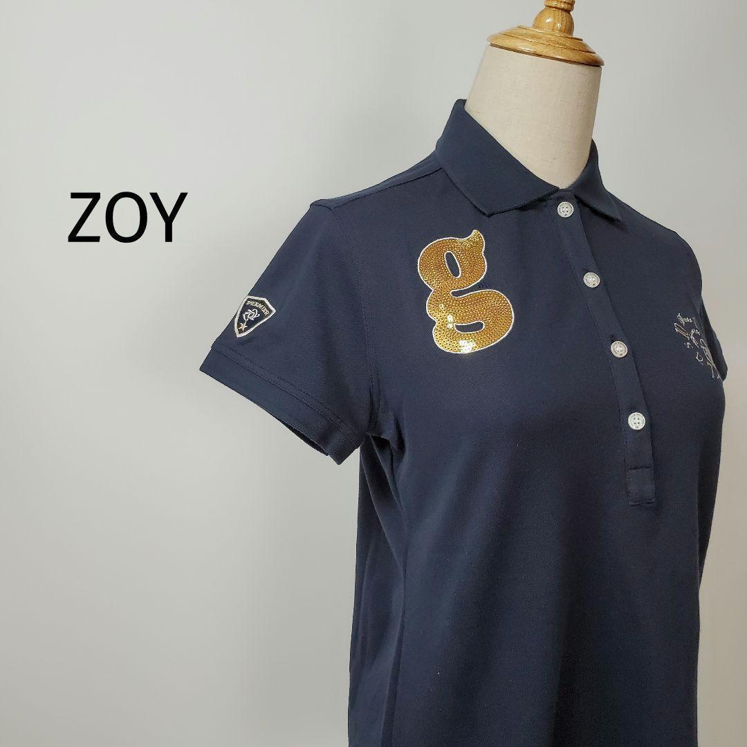 S291新品未使用ZOYゾーイゴルフポロシャツネイビー紺半袖コットン綿ビジューL