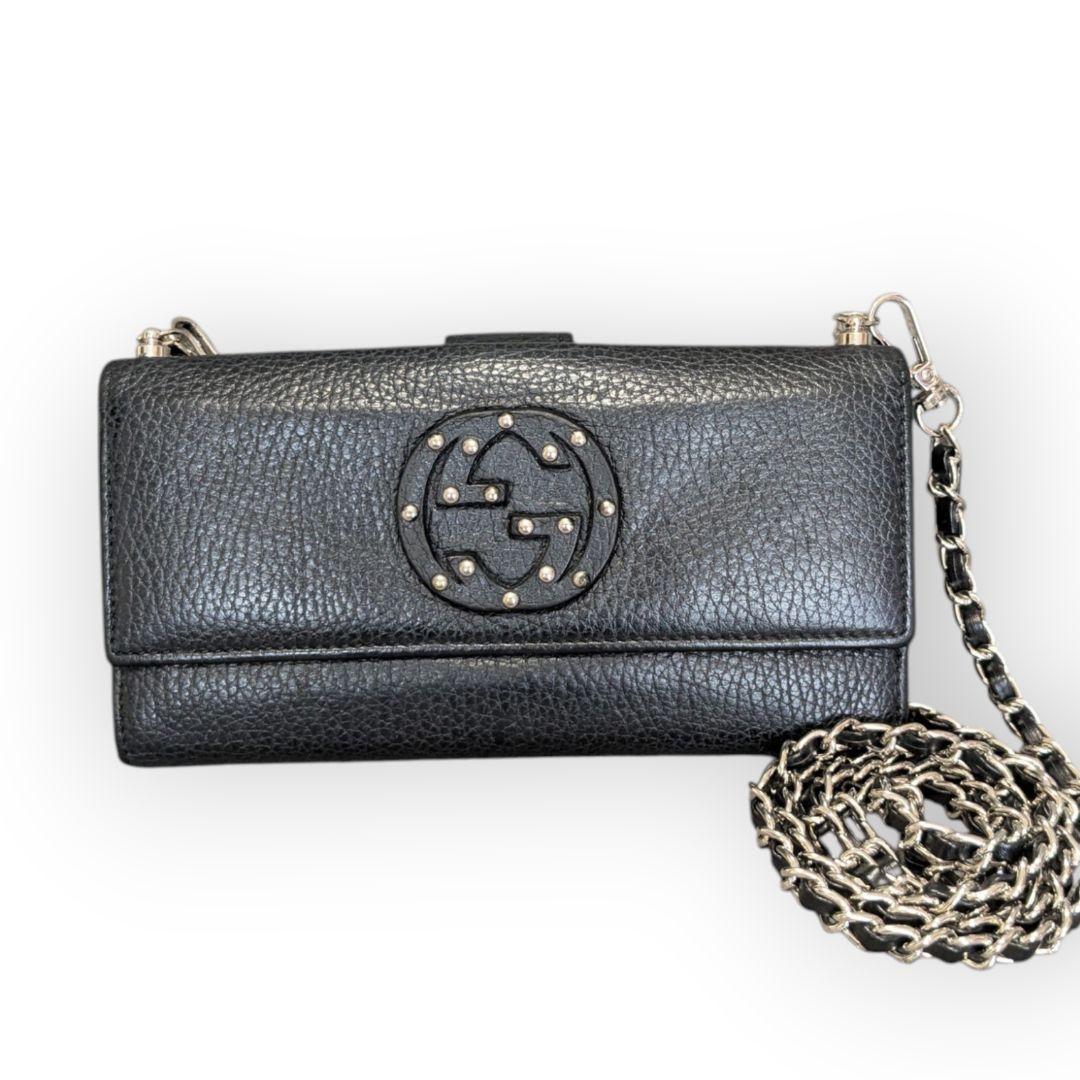 グッチ 黒 ロッキング Wホック長財布 レザー チェーンウォレット GGGUCCI