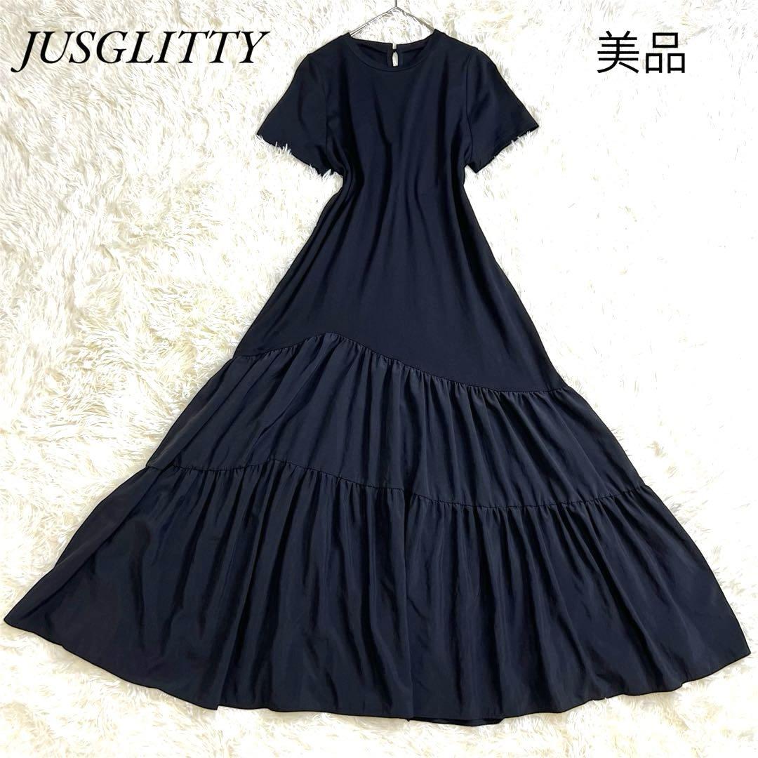 美品✨ジャスグリッティー ティアードカットドッキングワンピース ロング 半袖 黒