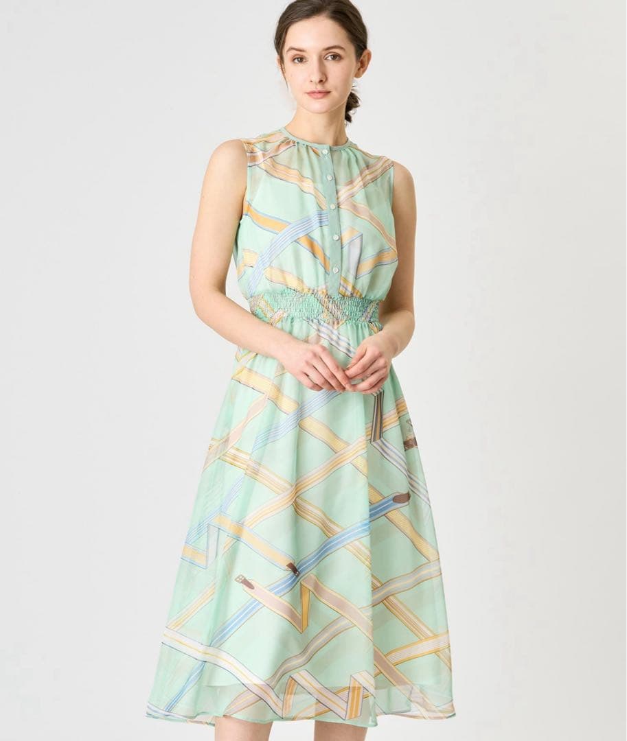 22SS♡ANAYI リボンベルトプリントノースリワンピース 36 インナー付き