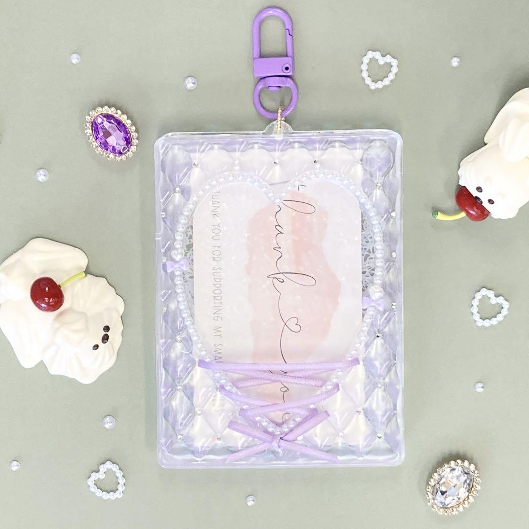 パープル りぼん×ハート♡硬化カードケースデコ トレカ