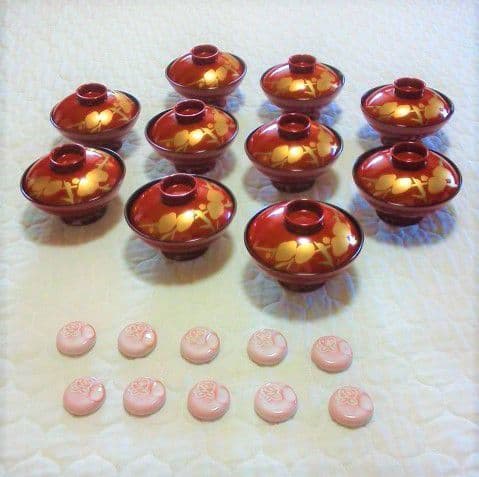 蓋付きお椀 梅柄のお椀 お吸い物お椀 お雑煮お椀 萩焼の箸置き 陶器の箸置き新品、♥