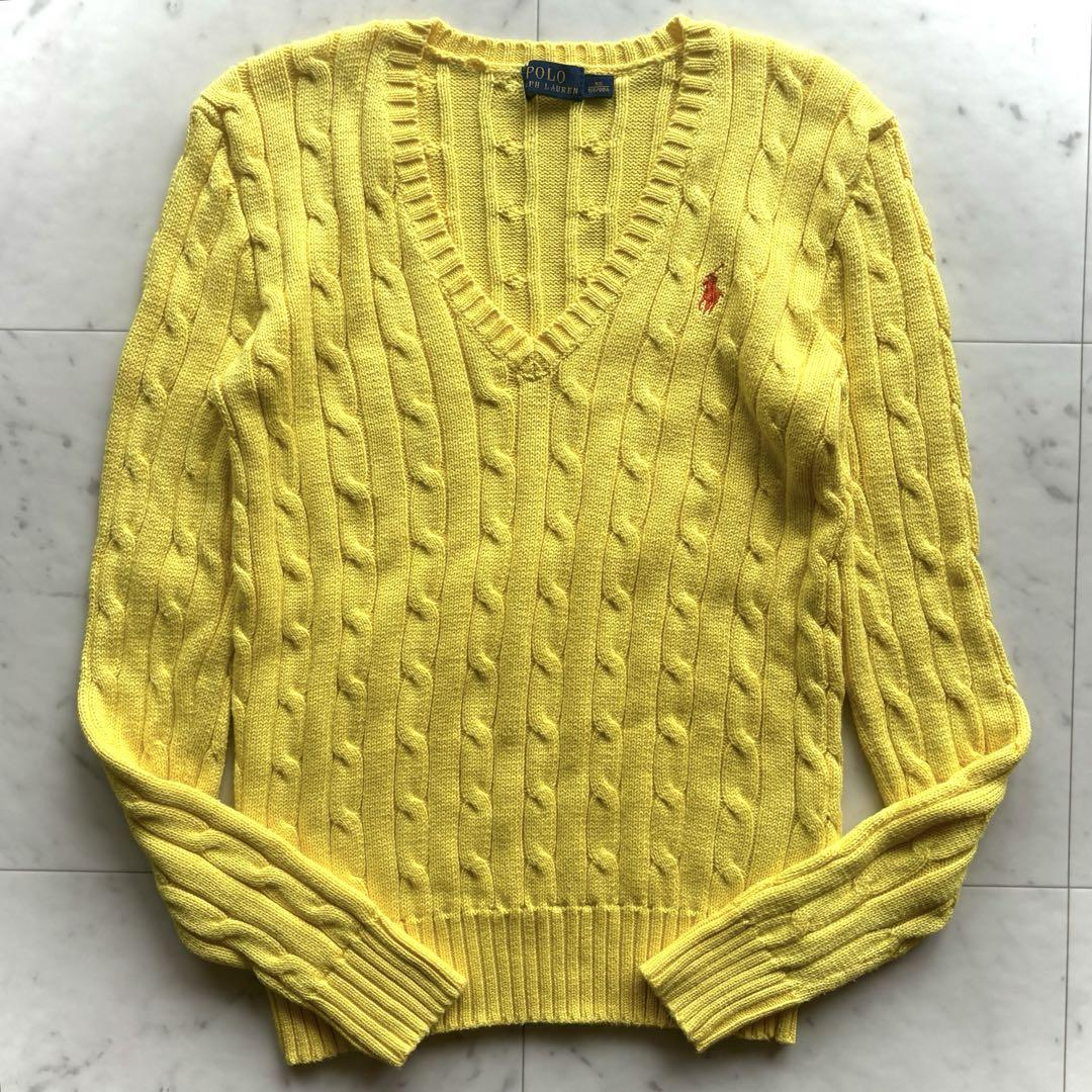 人気　ポロラルフローレン　コットンケーブルニット　ポニー刺繍　XS イエロー　黄