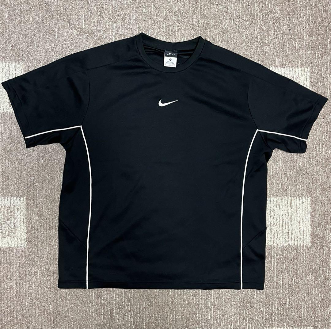 00s NIKE センターロゴ 刺繍 メッシュ ラグラン Tシャツ ブラック