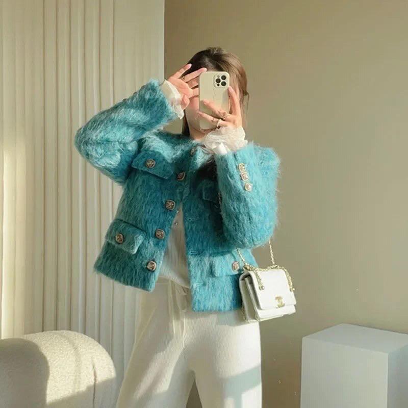韓国　ファッション　ジャケット　ファー　ブルー　ビンテージ　ボタン　 M 秋　冬