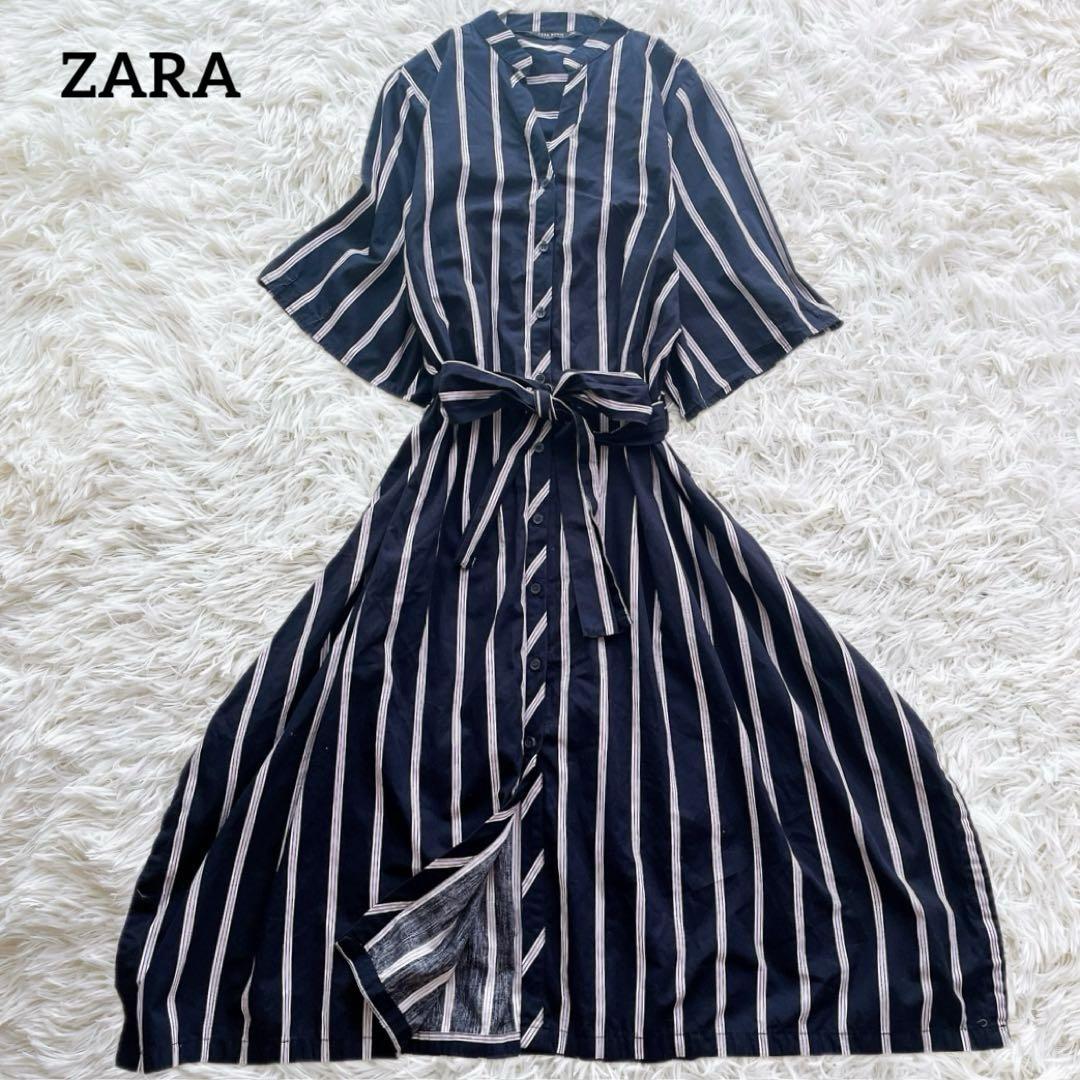 【美品】ZARA ロングシャツワンピース ベルト付き ストライプ ノーカラー