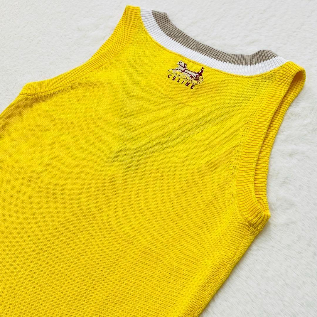 美品　セリーヌ　ニットベスト　コットン100　シルキー　ロゴ刺繍　M　イエロー