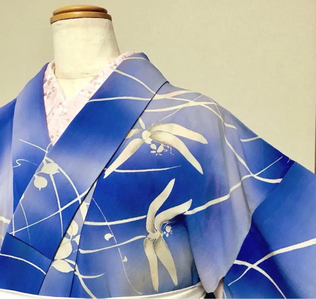Antique Kimono 単衣 正絹縮緬&絽夏帯 絽刺繍半衿 百合絽長襦袢