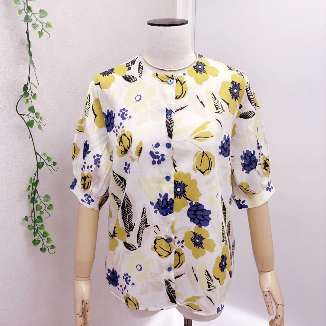 ナラカミーチェ 良品 M 半袖 白 花柄 アロハ 総柄 黄緑 大胆な花