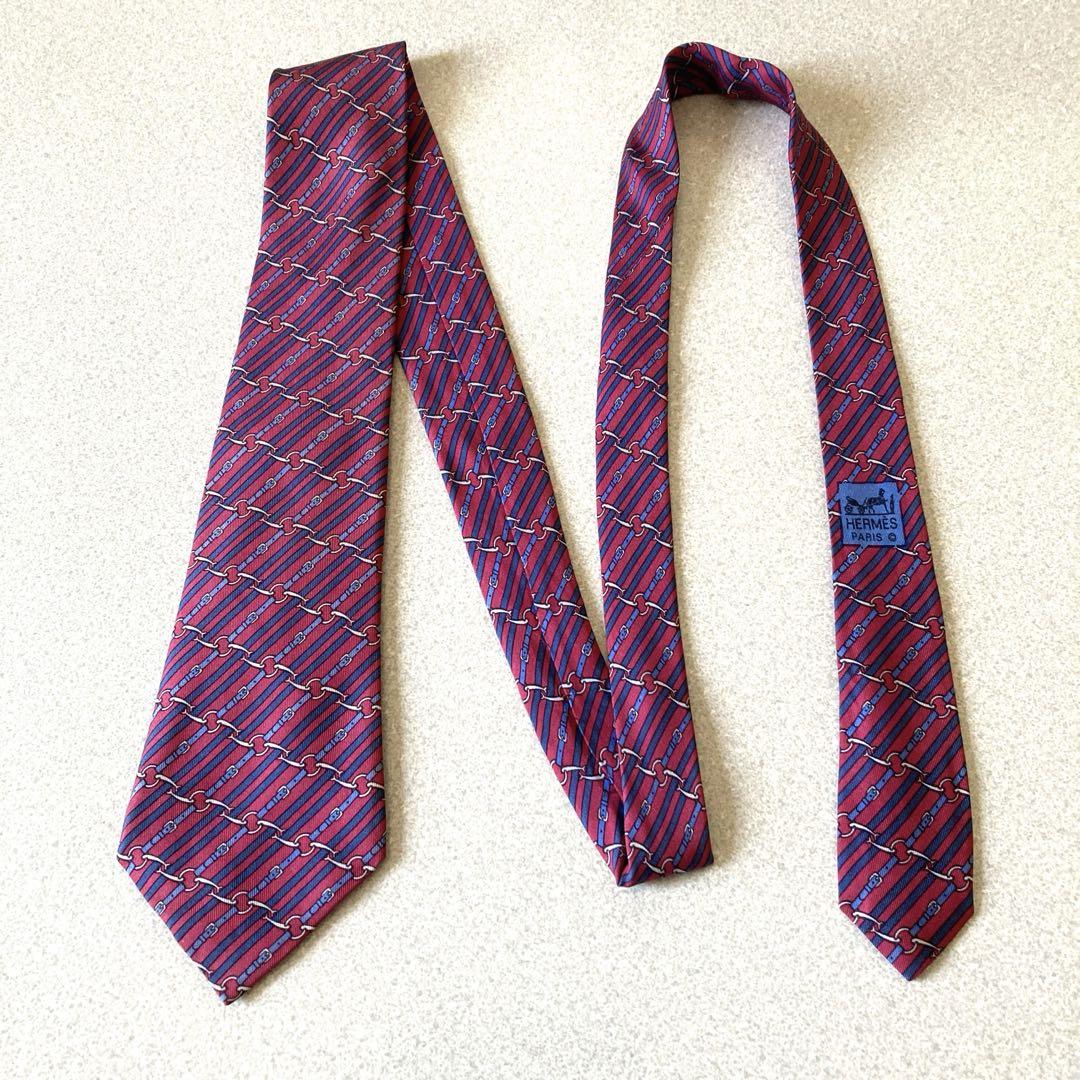 美品】HERMESエルメス シルク ネクタイ 赤と青 チェーンパターン