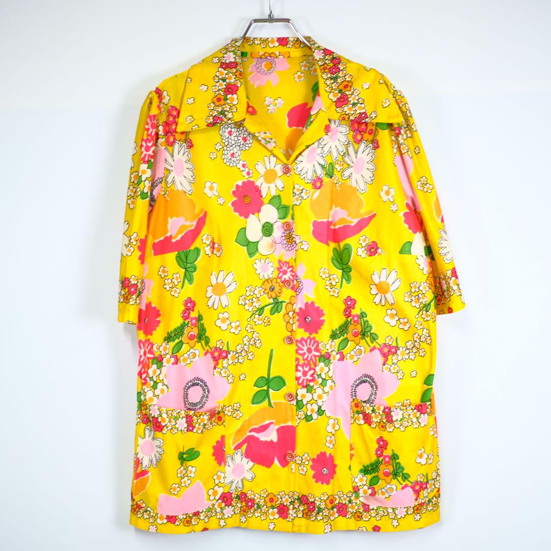 1970s USA製 ビンテージ 花柄 ポリシャツ 総柄 古着屋 レトロ