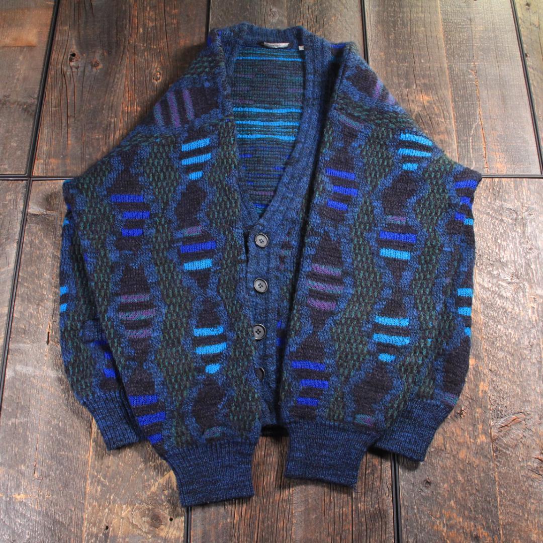 古着 総柄 カーディガン ユーロヴィンテージ イタリア製 L 太アーム ブルー系 古着 総柄 カーディガン ユーロヴィンテージ イタリア製 L 太アーム ブルー系