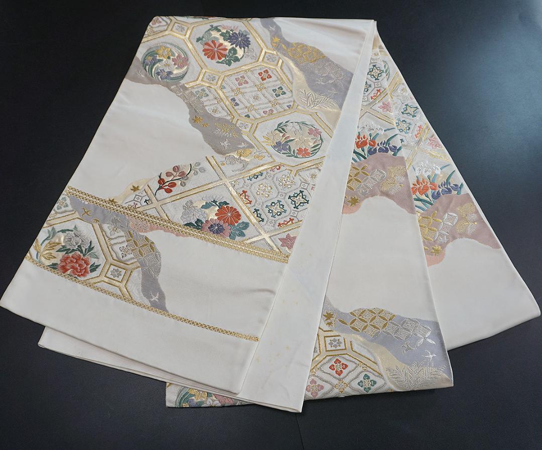 未仕立USED 正絹袋帯 白 金彩 k147