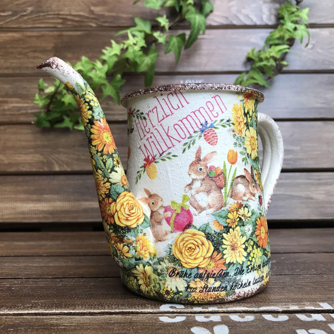 Hananaさまご購入品 リメイク缶 ティーポット お花畑のうさぎさん達