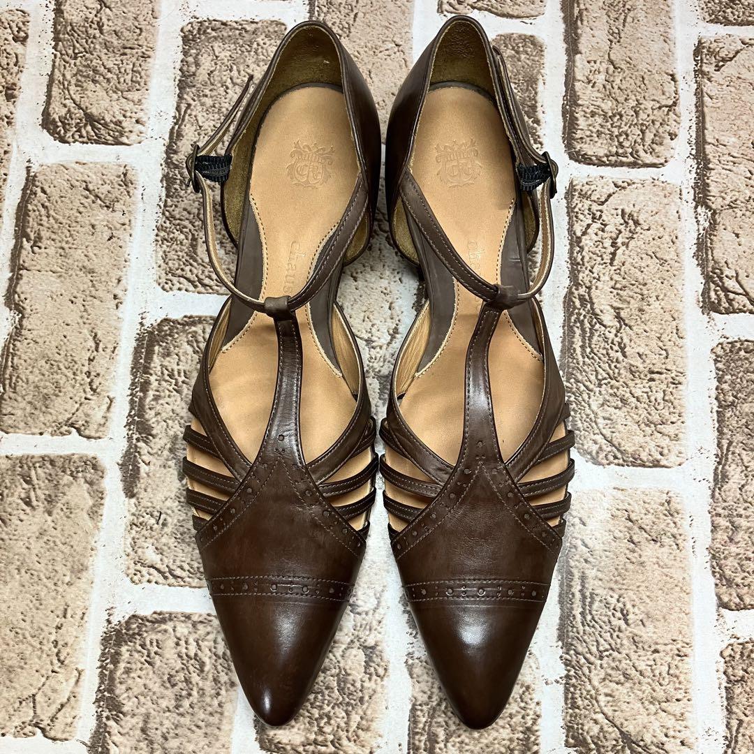 chausser ショセ Tストラップ カットワーク パンプス レザー 24.5 chausser ショセ 24.5 レザー パンプス ストラップ ブラウン 茶色