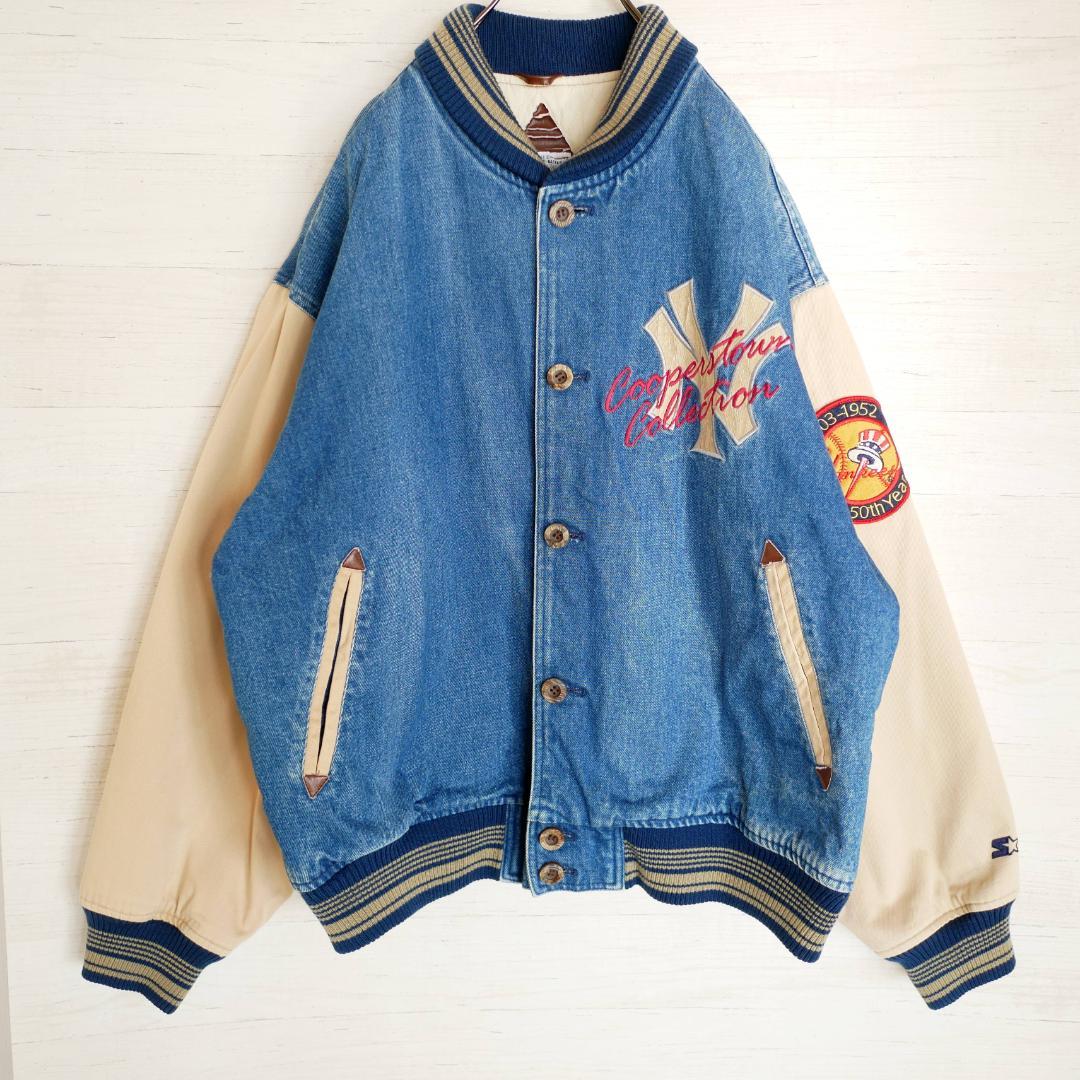 新品大特価 希少デザイン デニムスタジャン L 1mlNJ-m67874459311 スターター×MLBヤンキース 刺繍ロゴ 超激得豊富な
