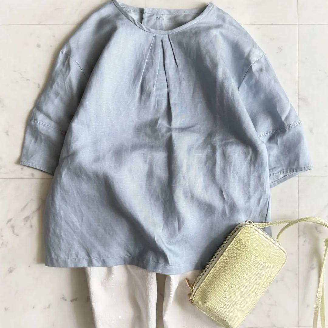 美品 マッキントッシュフィロソフィー 麻混 ブルーギャザーブラウス