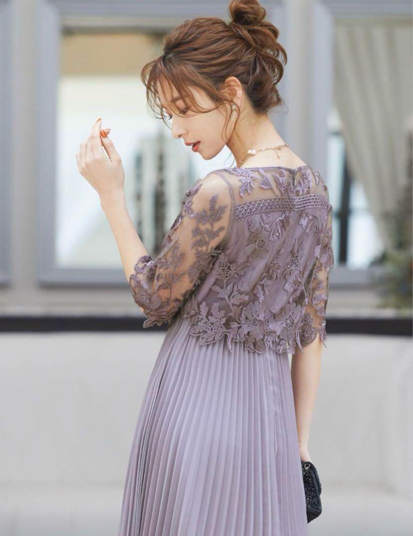 美品✨ニアナ 大人気 パーティードレス パープル プリーツ レース M お呼ばれ