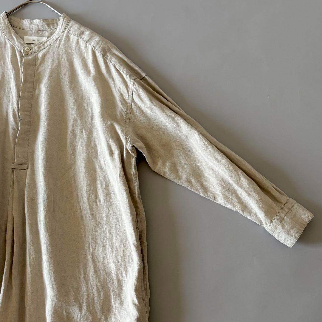 美品 かぐれ リネン ロングシャツワンピース バンドカラー