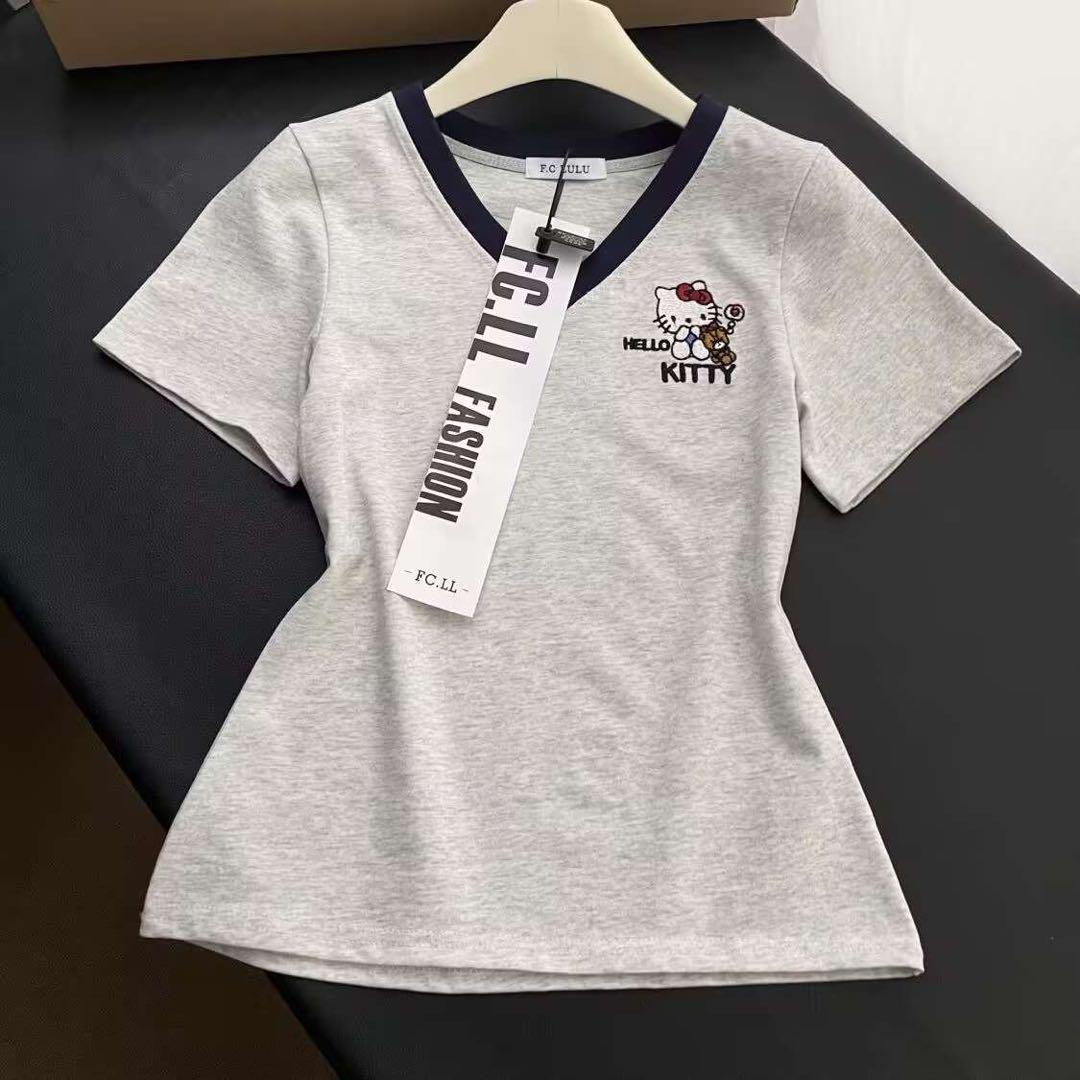HELLO KITTY VネックTシャツ Mサイズ グレー