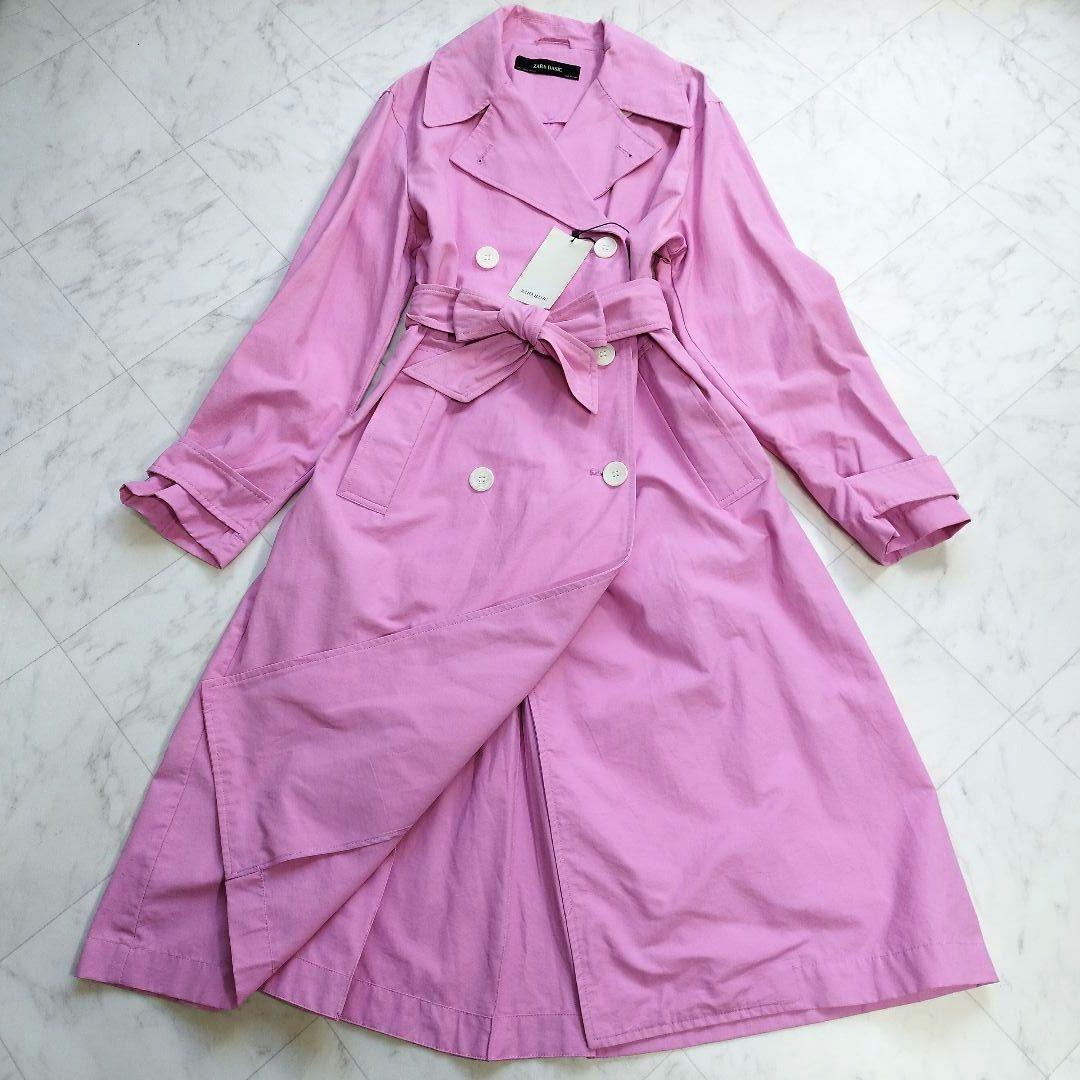 新品　ZARA　春色ロングトレンチコート　ピンク　撥水　M相当