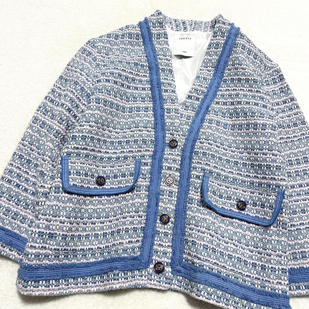 最終価格！sandro ツイード チェック ノーカラージャケット 金ボタン