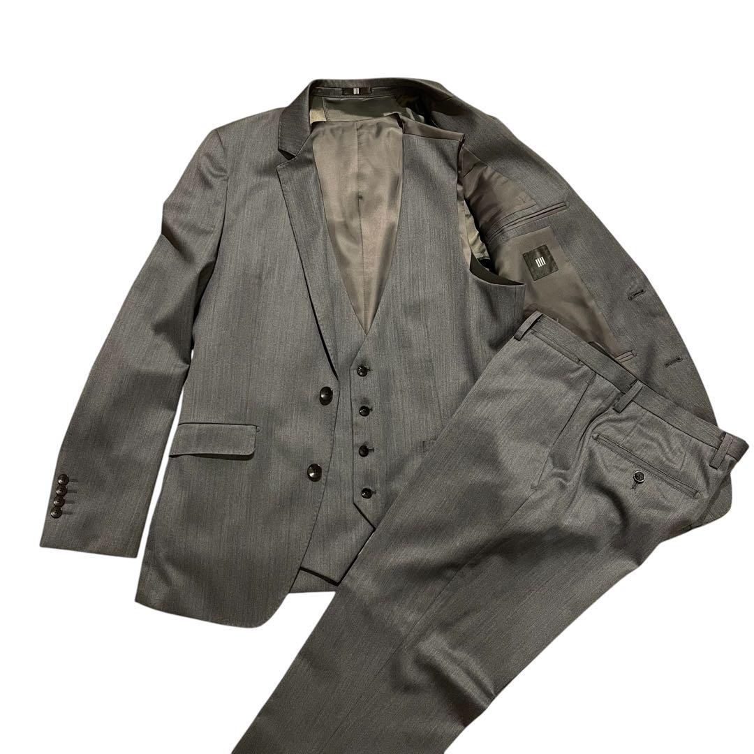 【極美品】シルク混 SUIT SELECTスリーピース　セットアップグレー L