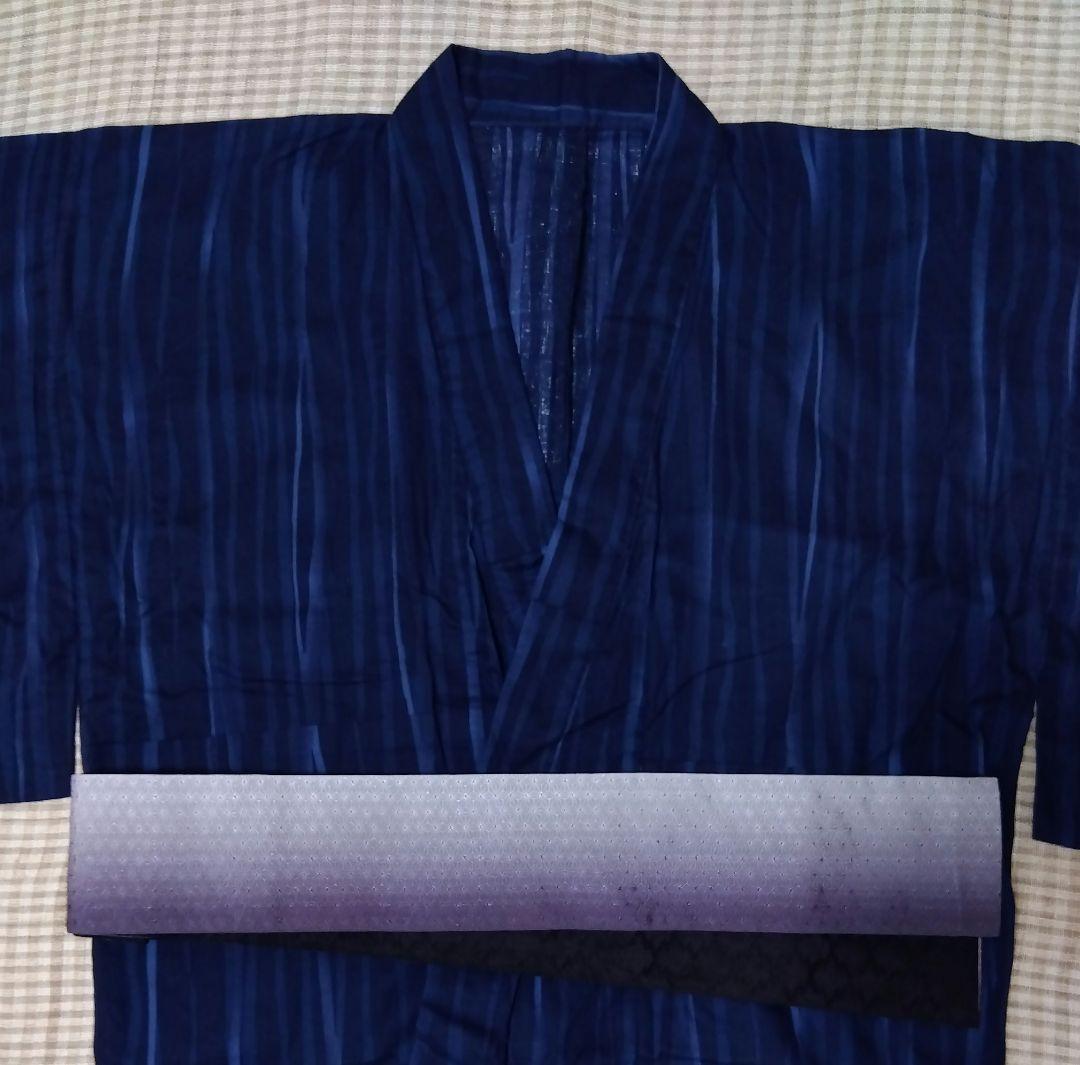 【百貨店購入◆高級紳士浴衣】高級綿麻素材◆帯セット◆МLサイズ◆青紺ストライプ