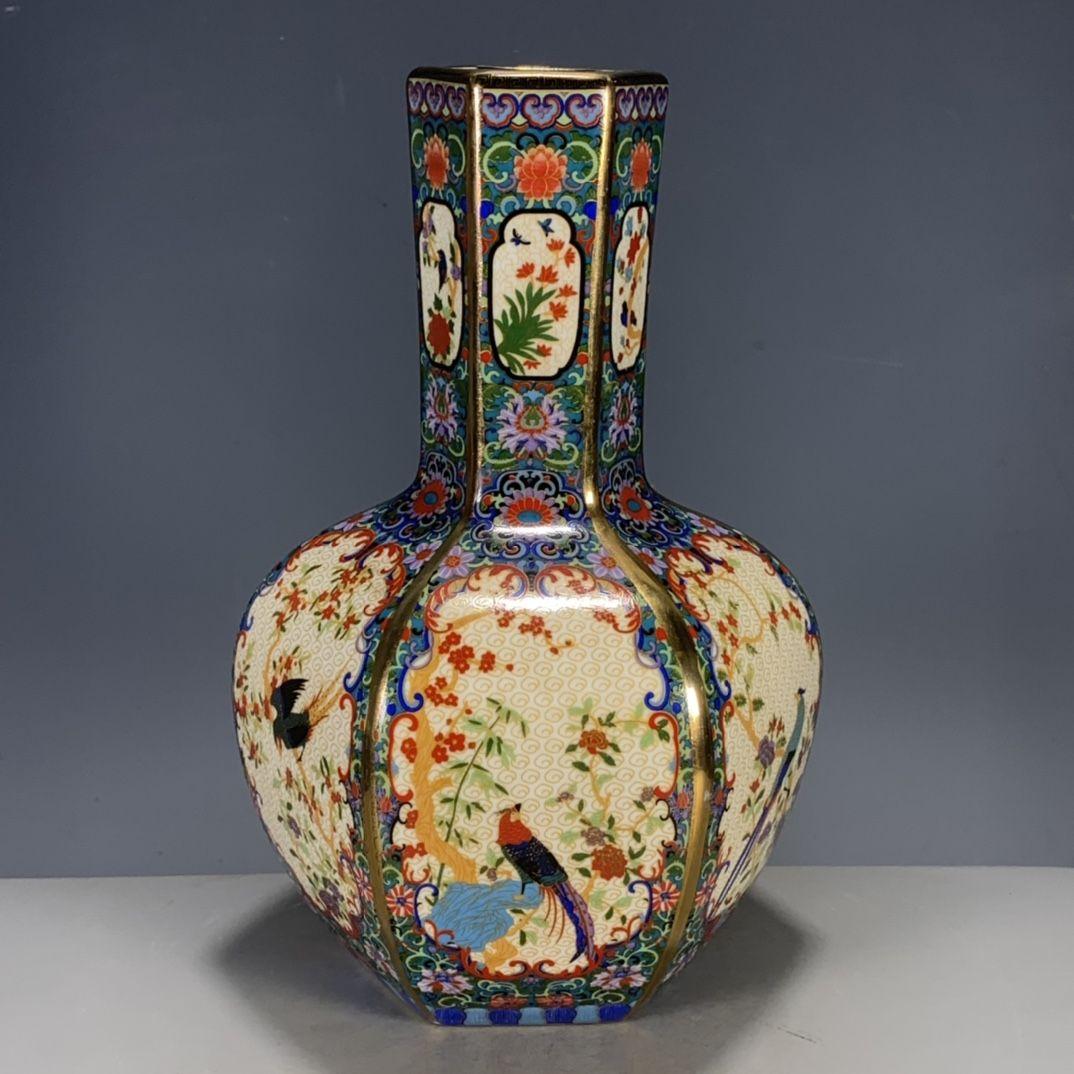清代雍正粉彩蒔金花鳥多稜天球瓶  景徳鎮 陶磁器 装飾品 工芸品 美術品 置物