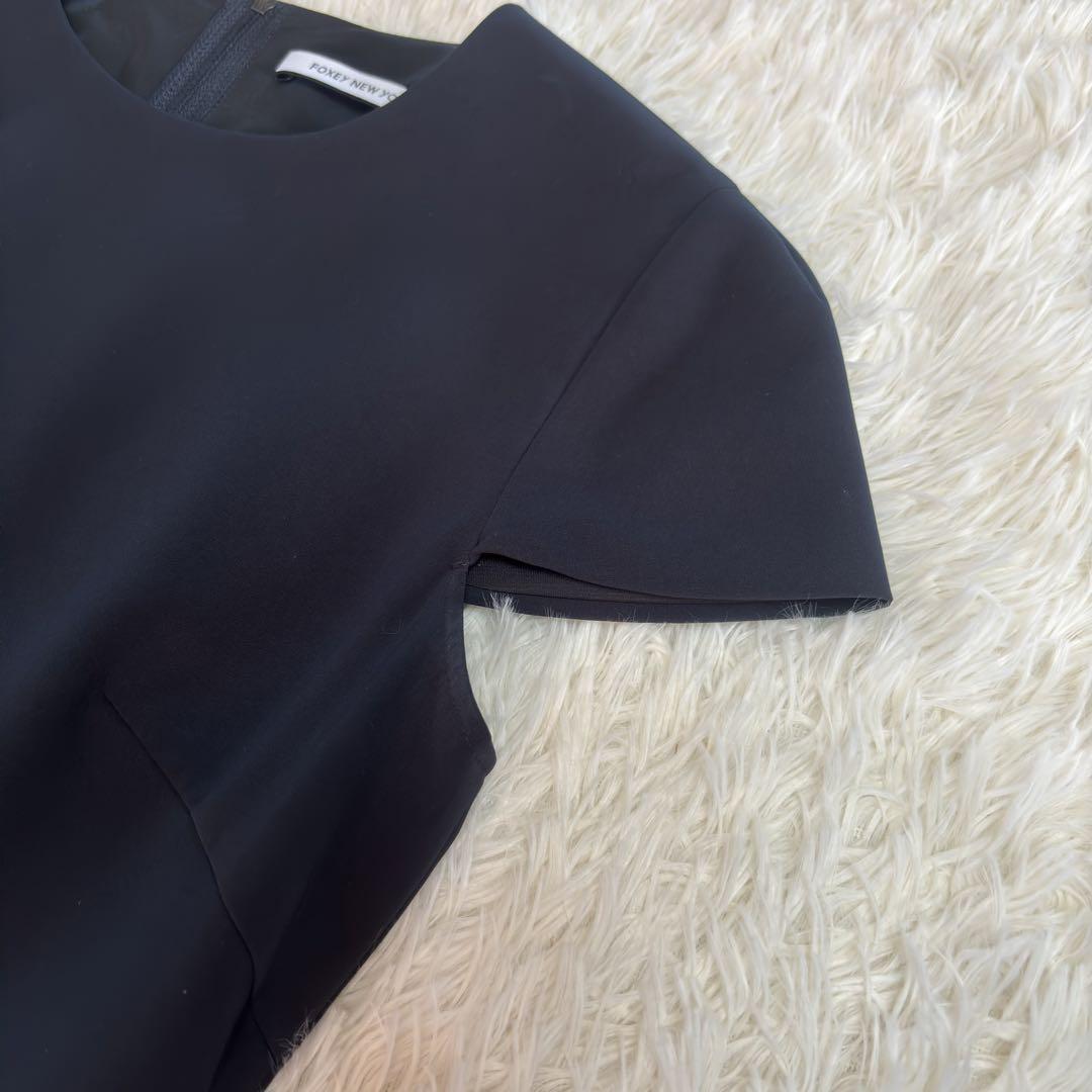 美品　foxey new york サイドフリル　ワンピース　40 ネイビー