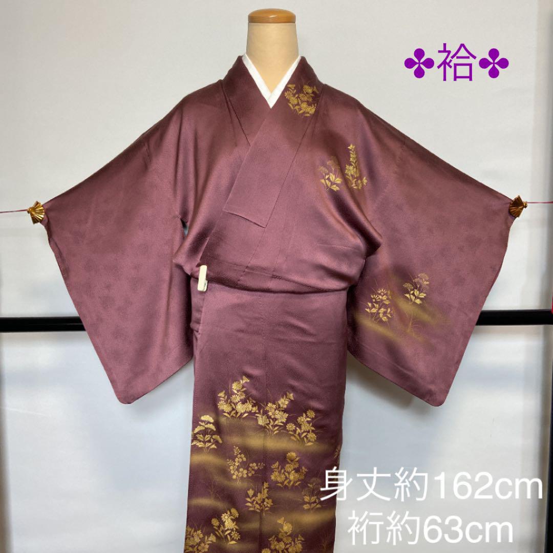 着物 正絹 紫色地 花 K438E