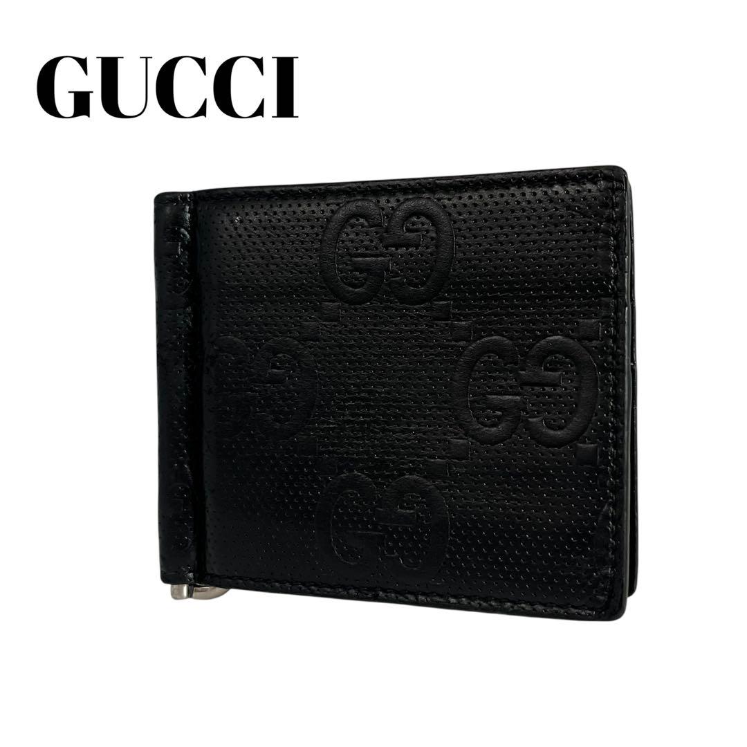 極美✨グッチ マネークリップ 札入れ GGエンボス デカロゴ ブラック