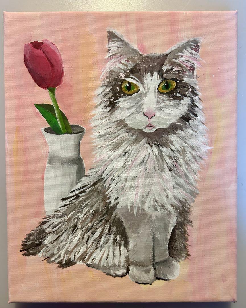 猫とチューリップの絵