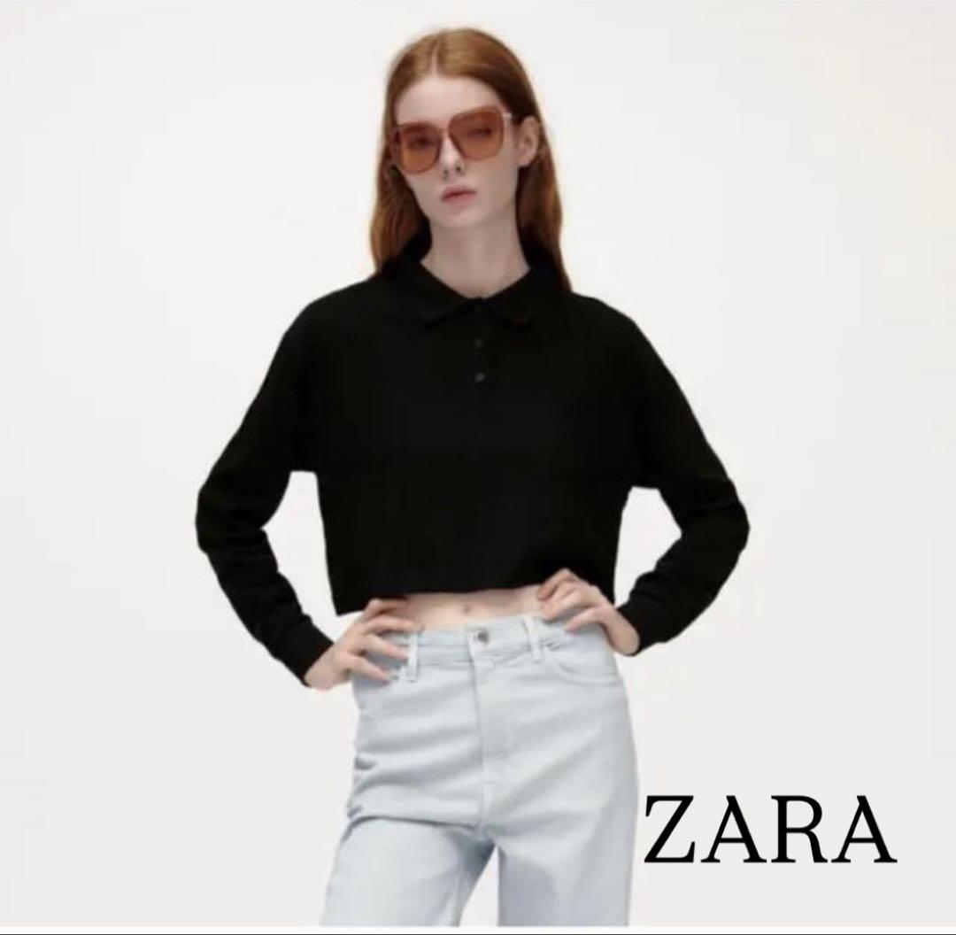 超特価激安 ZARA ザラ クロップド丈 ショート丈 ポロシャツ 長袖 黒 トップス
