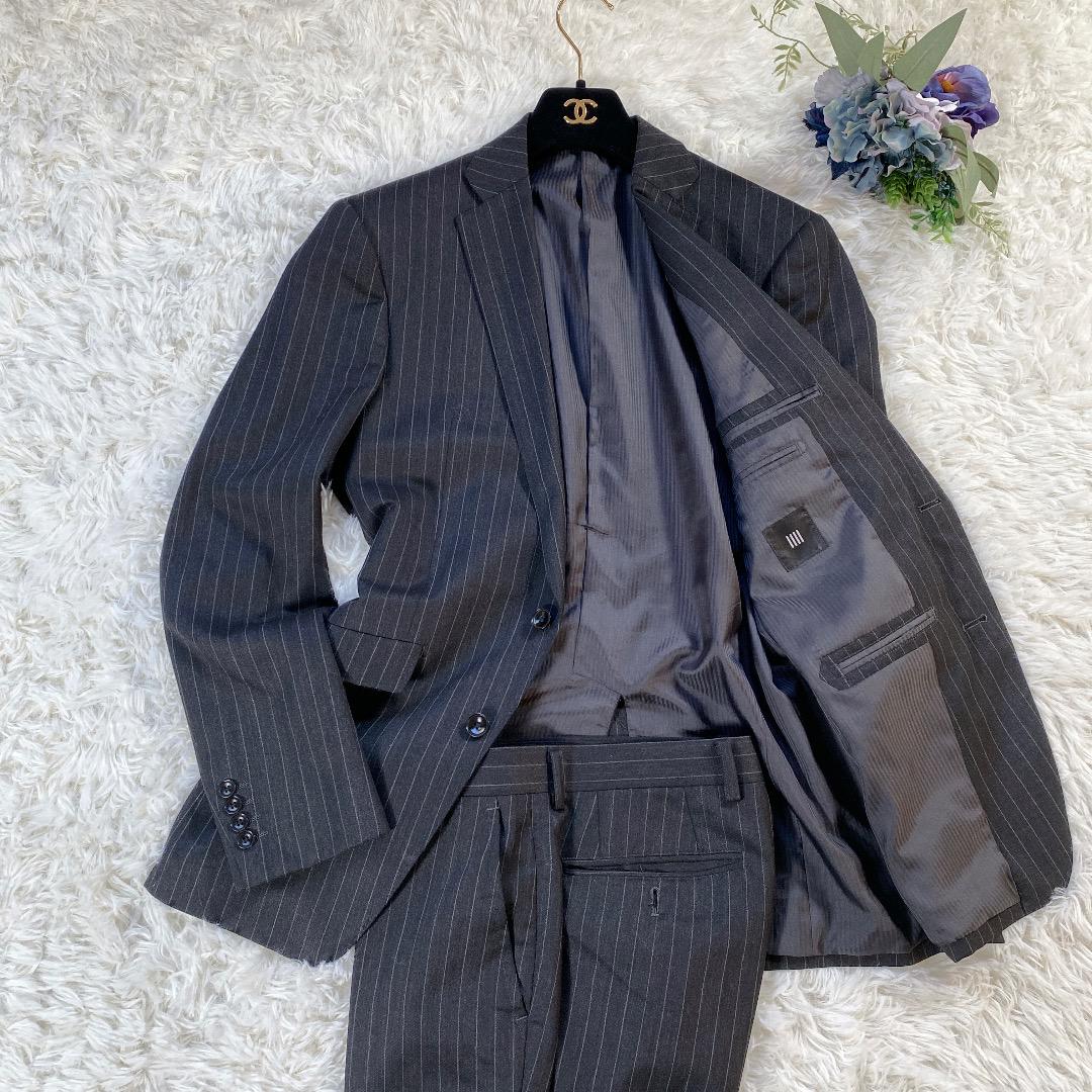 【極美品】スーツセレクト ダブル セットアップ ストライプ ネイビー A4 THE SUIT COMPANY - 【定価4万】スーツセレクト セットアップ