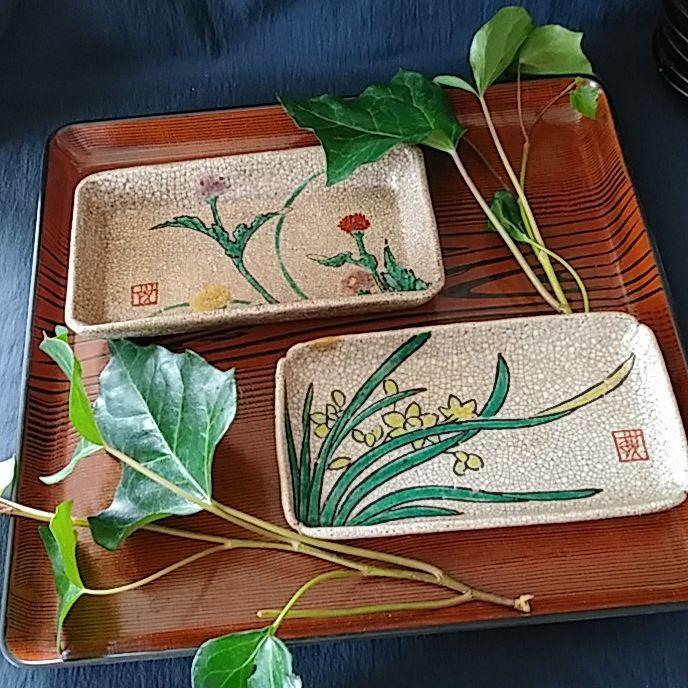 薊(あざみ)と水仙 陶器の柔らかさ！」京焼長皿 2客セット 骨董