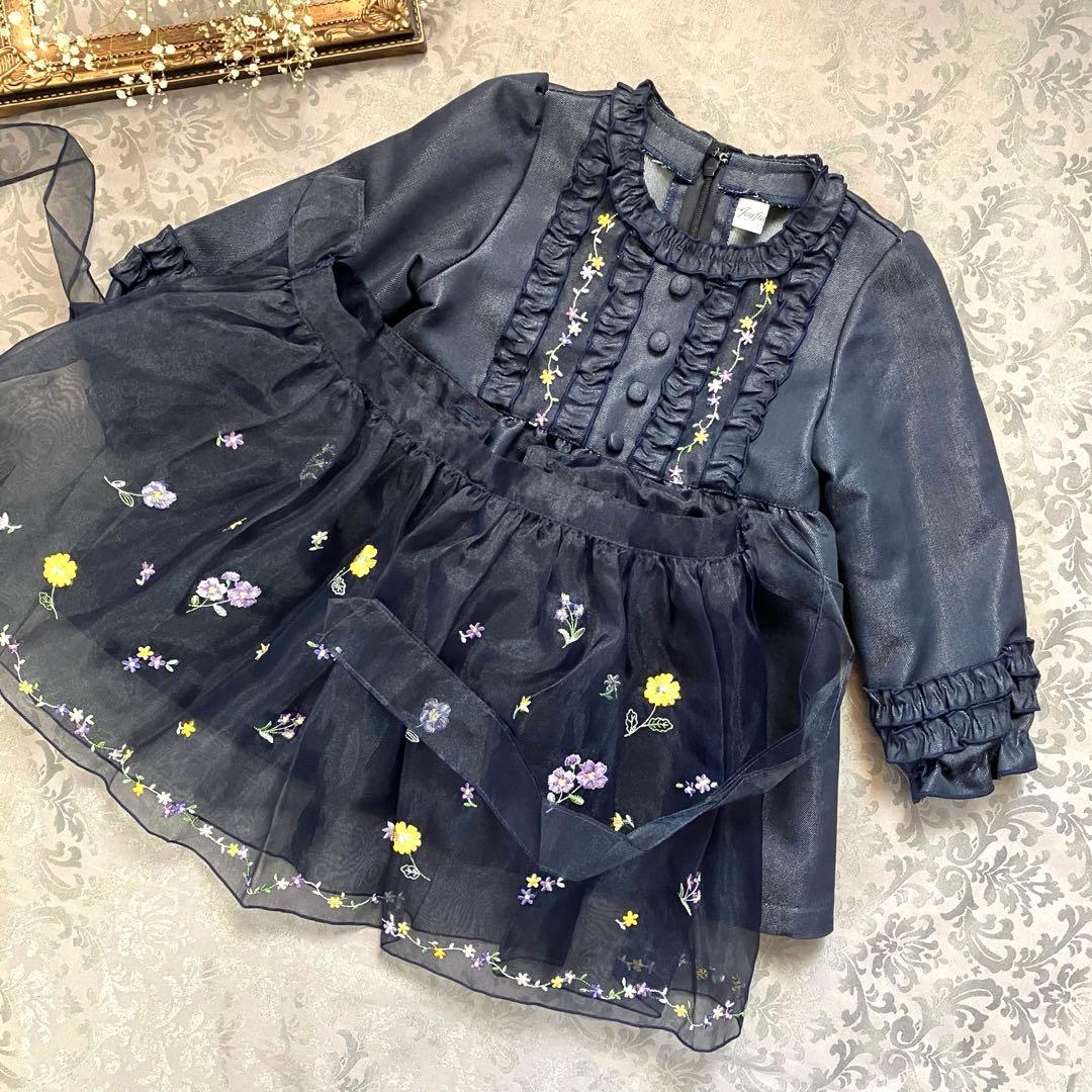 美品】濃紺.ワンピース.ドレス.フリル付き.刺繍.ワンピース.90.2way.