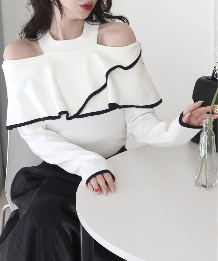rienda リエンダ 配色肩開きケープニットトップス ブルー タグ