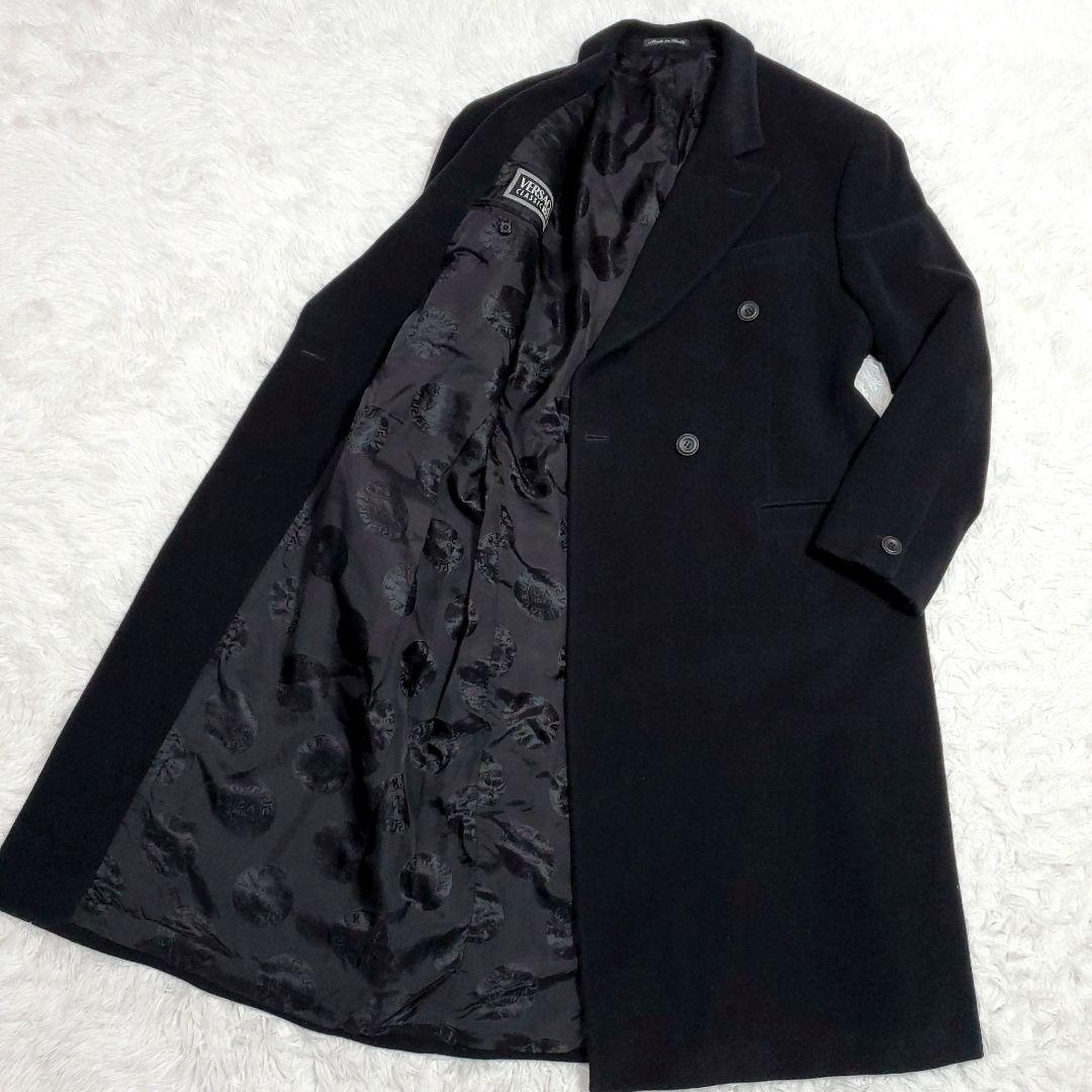 美品 XL ヴェルサーチ ウール100 ロング ダブル チェスター コート 黒チェスターコート