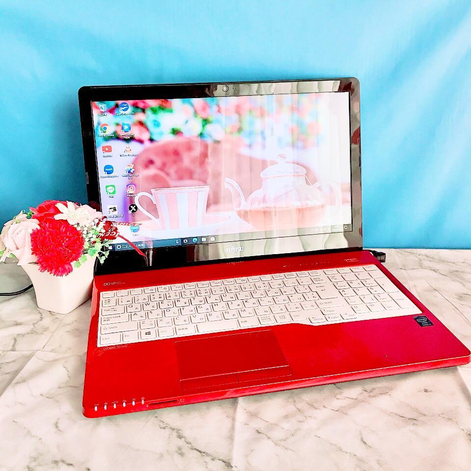 可愛い❣️富士通 大容量1TB✨ 赤ノートパソコン 薄型 カメラ付 ブルーレイ 可愛い❣️富士通 大容量1TB✨ 赤ノートパソコン 薄型 カメラ付