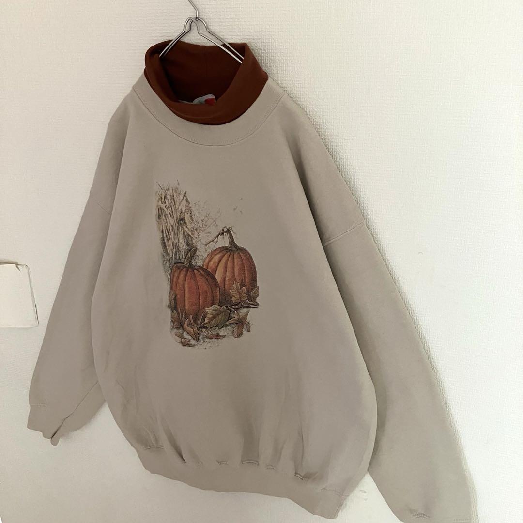 ダブルネックハロウィンかぼちゃアート オールドデザイン 袖太スウェットトレーナー