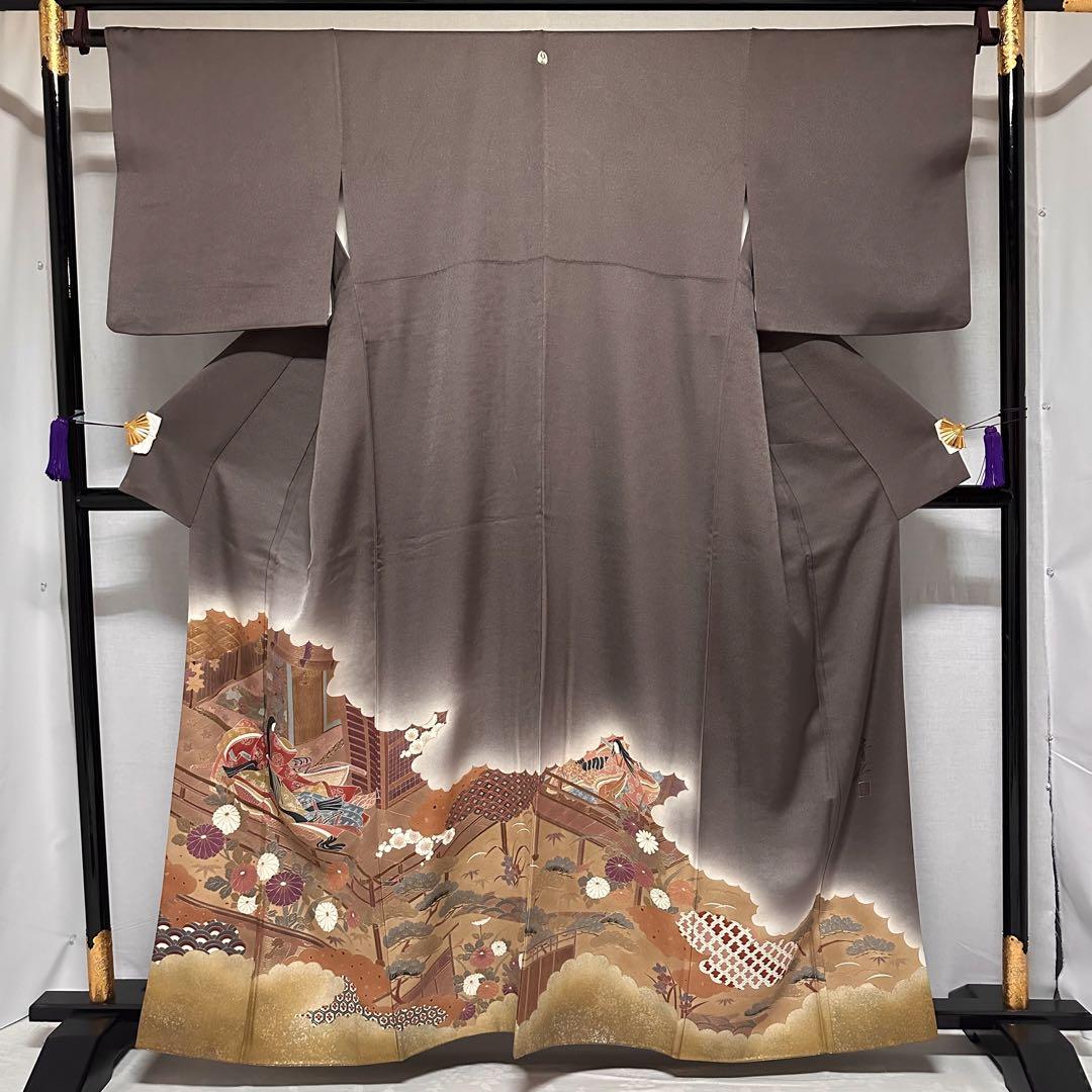 [お手入れ済]お着物　色留袖　紫色　浅田青仁　作家者　一つ紋入り　源氏絵文様