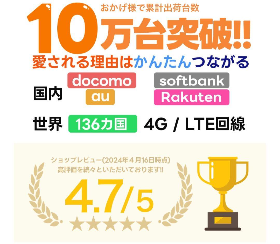 【リチャージWiFi】ポケットWiFi 契約返却無し 月額費用無し 箱・保証書無