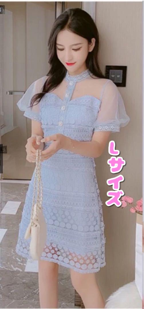 未使用ミニスカ シースルー ワンピースドレス 水色 花柄レースLサイズレディース